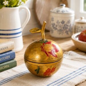Vintage Penco Ind Brass Apple Trinket Box Hand Painted Floral Enamel 4"